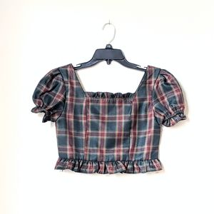 green plaid puff sleeve crop top